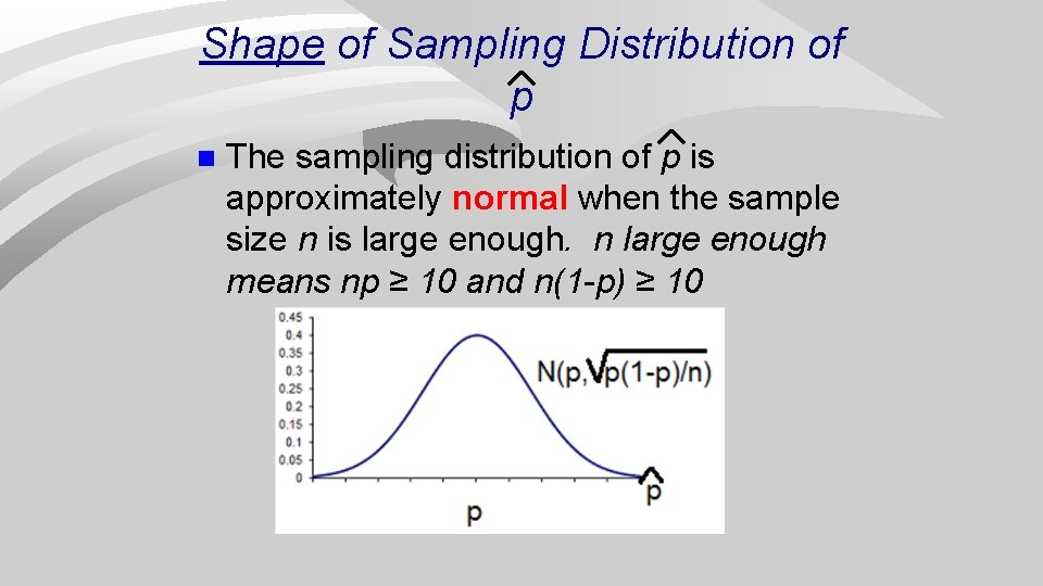 Shape of Sampling Distribution of p n The sampling distribution of p is approximately