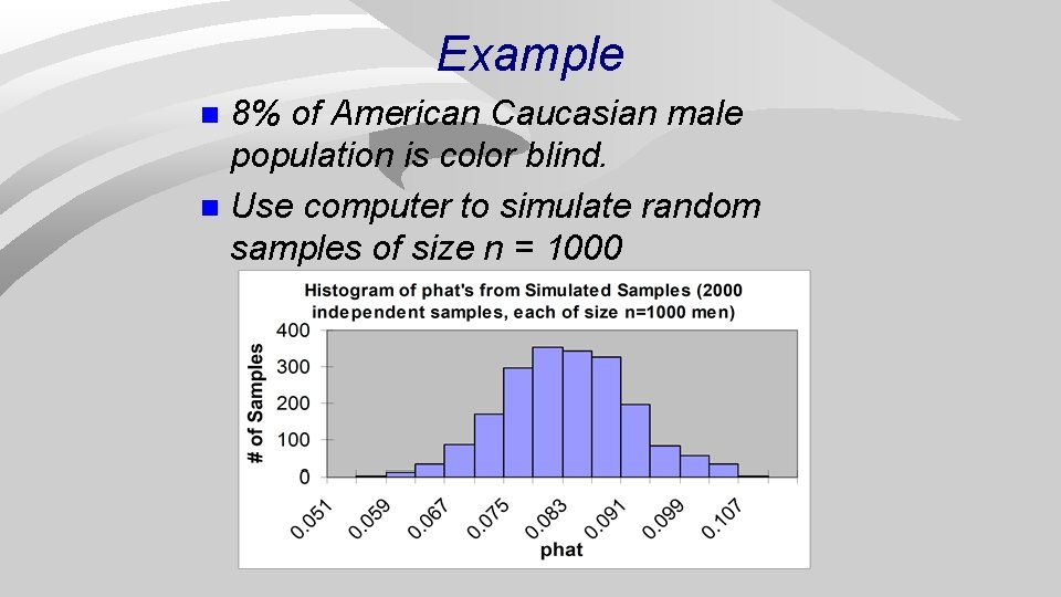 Example 8% of American Caucasian male population is color blind. n Use computer to