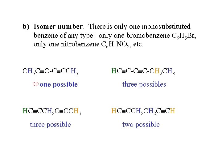 b) Isomer number. There is only one monosubstituted benzene of any type: only one