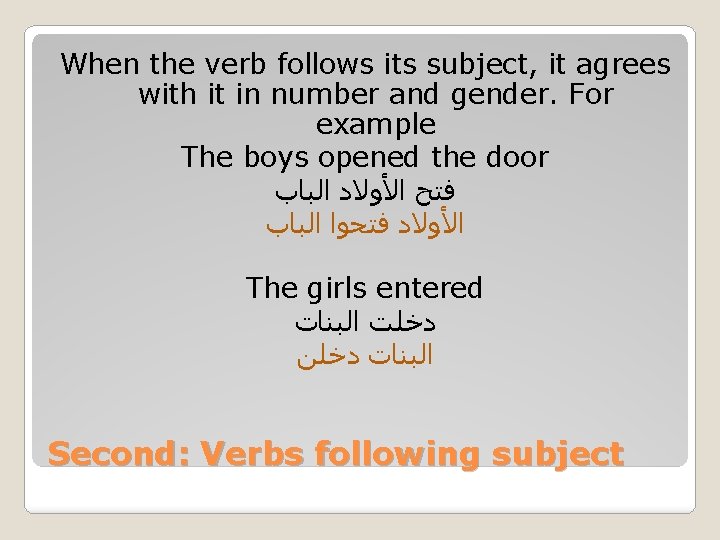 When the verb follows its subject, it agrees with it in number and gender.