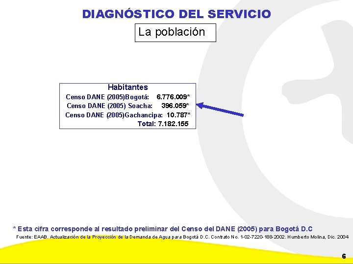 DIAGNÓSTICO DEL SERVICIO La población Habitantes Censo DANE (2005)Bogotá: 6. 776. 009* Censo DANE