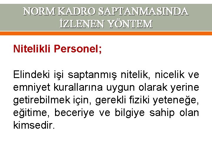 NORM KADRO SAPTANMASINDA İZLENEN YÖNTEM Nitelikli Personel; Elindeki işi saptanmış nitelik, nicelik ve emniyet