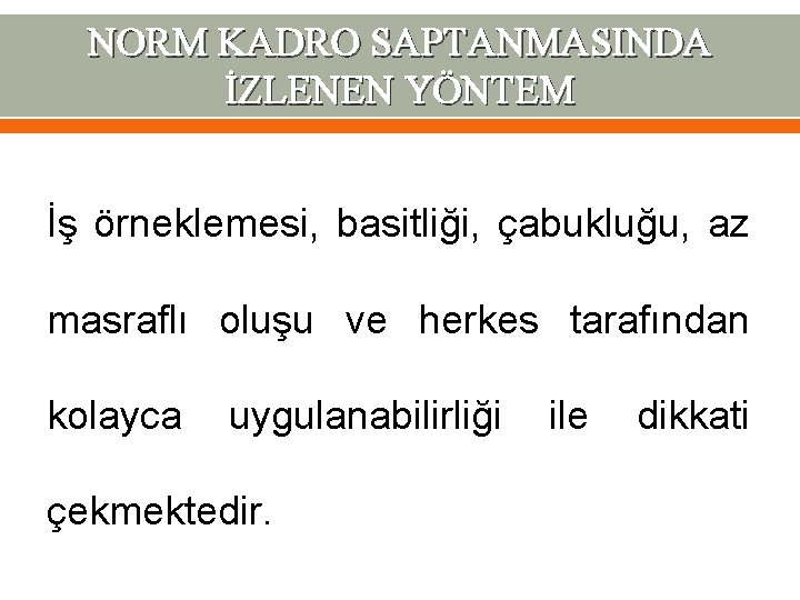 NORM KADRO SAPTANMASINDA İZLENEN YÖNTEM İş örneklemesi, basitliği, çabukluğu, az masraflı oluşu ve herkes