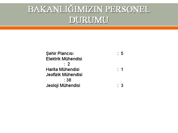 BAKANLIĞIMIZIN PERSONEL DURUMU Şehir Plancısı Elektrik Mühendisi : 2 Harita Mühendisi Jeofizik Mühendisi :