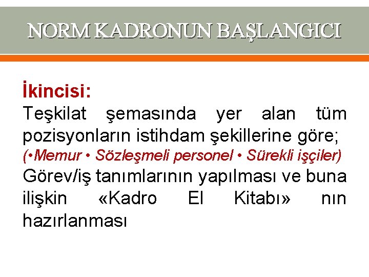 NORM KADRONUN BAŞLANGICI İkincisi: Teşkilat şemasında yer alan tüm pozisyonların istihdam şekillerine göre; (