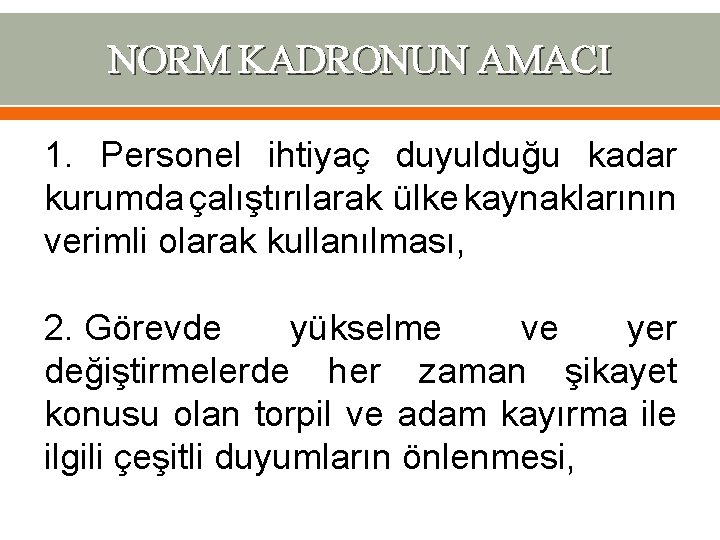 NORM KADRONUN AMACI 1. Personel ihtiyaç duyulduğu kadar kurumda çalıştırılarak ülke kaynaklarının verimli olarak