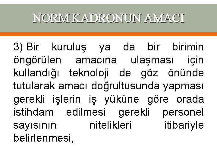 NORM KADRONUN AMACI 3) Bir kuruluş ya da birimin öngörülen amacına ulaşması için kullandığı