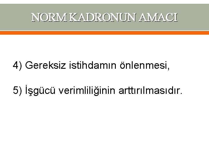 NORM KADRONUN AMACI 4) Gereksiz istihdamın önlenmesi, 5) İşgücü verimliliğinin arttırılmasıdır. 