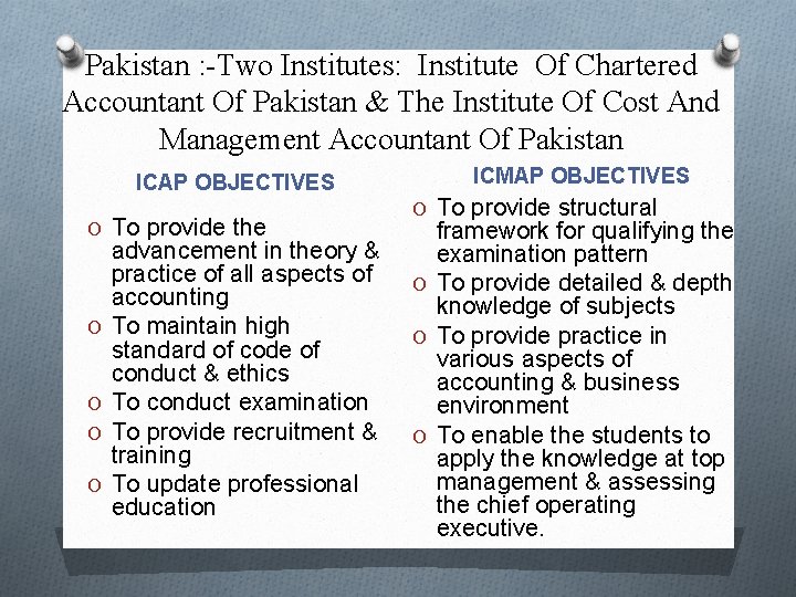 Pakistan : -Two Institutes: Institute Of Chartered Accountant Of Pakistan & The Institute Of