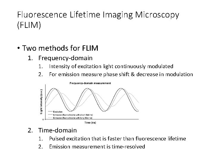 Fluorescence Lifetime Imaging Microscopy (FLIM) • Two methods for FLIM 1. Frequency-domain 1. Intensity