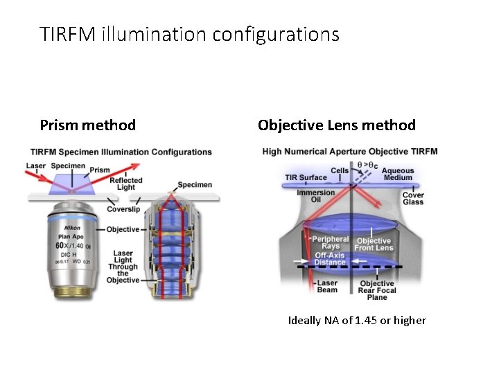 TIRFM illumination configurations Prism method Objective Lens method Ideally NA of 1. 45 or