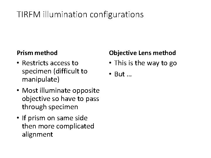 TIRFM illumination configurations Prism method Objective Lens method • Restricts access to • This