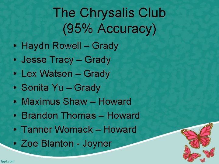 The Chrysalis Club (95% Accuracy) • • Haydn Rowell – Grady Jesse Tracy –