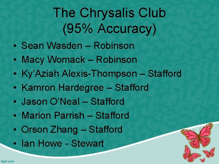 The Chrysalis Club (95% Accuracy) • • Sean Wasden – Robinson Macy Womack –