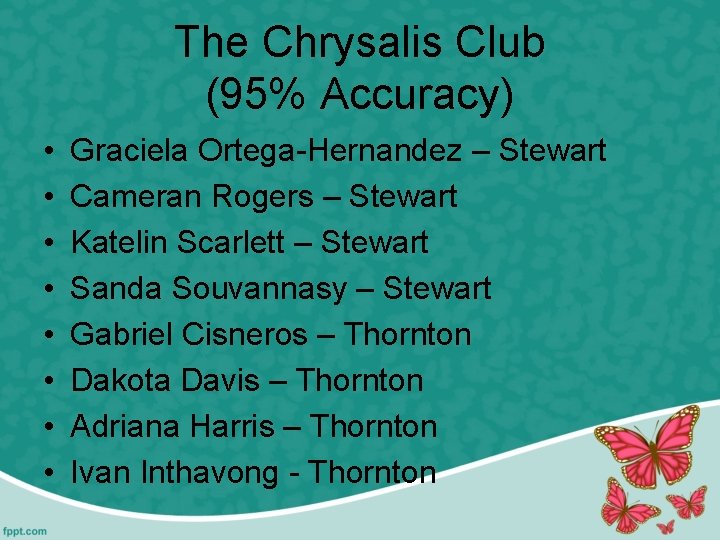 The Chrysalis Club (95% Accuracy) • • Graciela Ortega-Hernandez – Stewart Cameran Rogers –