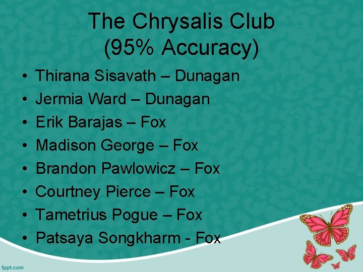 The Chrysalis Club (95% Accuracy) • • Thirana Sisavath – Dunagan Jermia Ward –