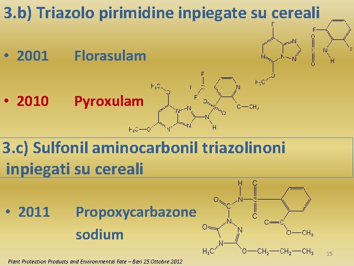 3. b) Triazolo pirimidine inpiegate su cereali • 2001 Florasulam • 2010 Pyroxulam 3.