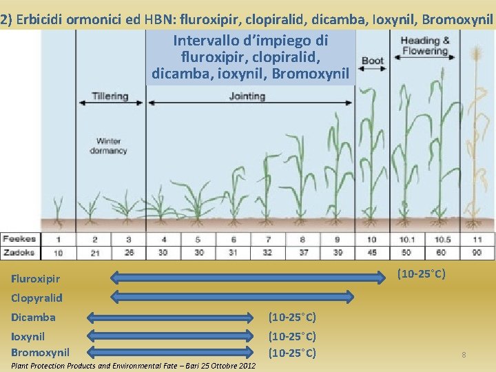 2) Erbicidi ormonici ed HBN: fluroxipir, clopiralid, dicamba, Ioxynil, Bromoxynil Intervallo d’impiego di fluroxipir,
