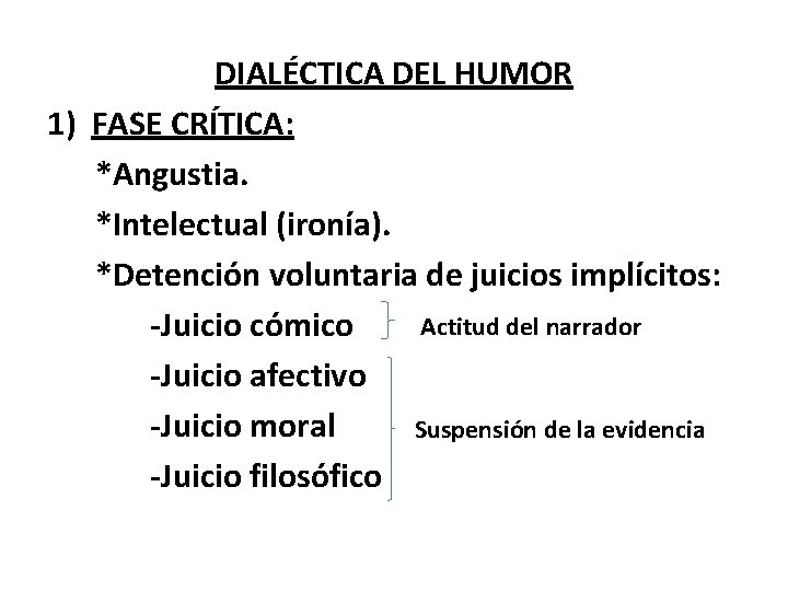 DIALÉCTICA DEL HUMOR 1) FASE CRÍTICA: *Angustia. *Intelectual (ironía). *Detención voluntaria de juicios implícitos: