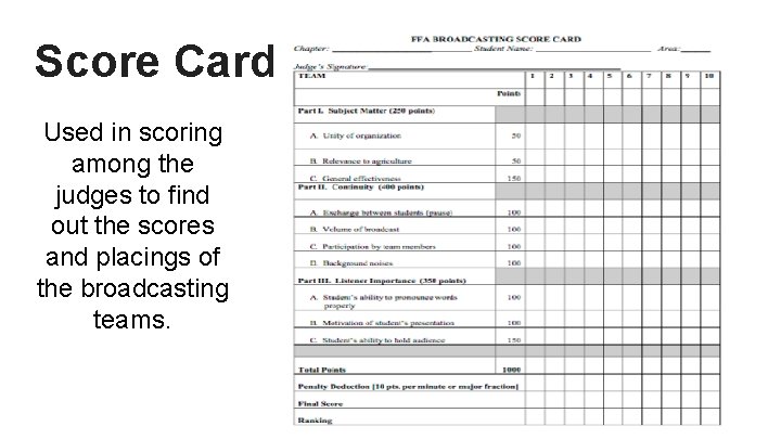 Score Card Used in scoring among the judges to find out the scores and