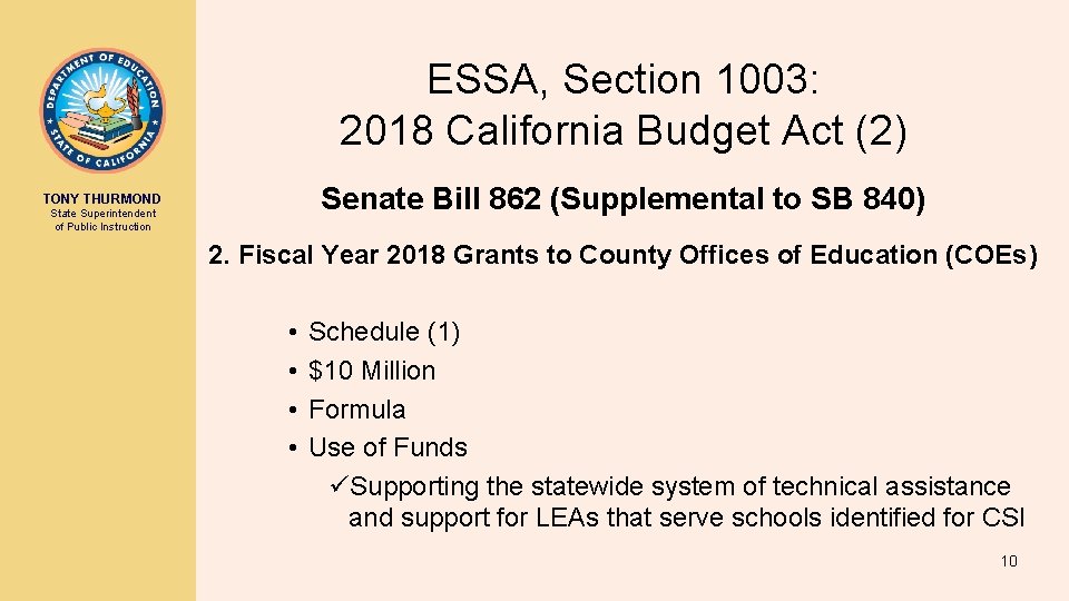ESSA, Section 1003: 2018 California Budget Act (2) Senate Bill 862 (Supplemental to SB