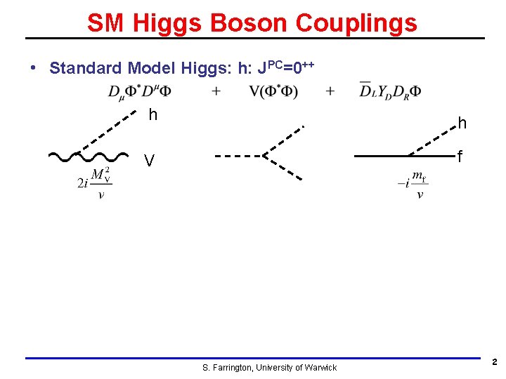 SM Higgs Boson Couplings • Standard Model Higgs: h: JPC=0++ h h f V