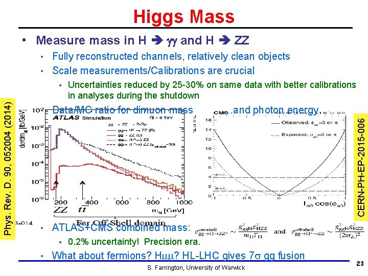 Higgs Mass • Measure mass in H gg and H ZZ Fully reconstructed channels,