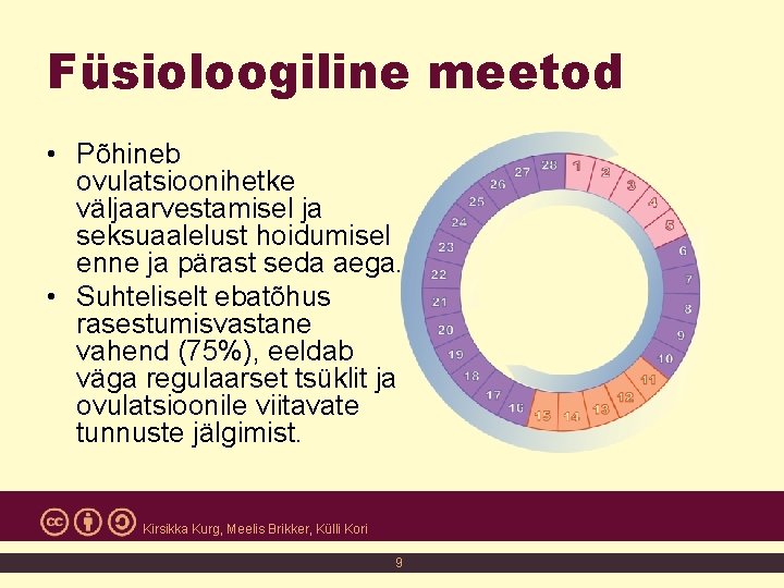Füsioloogiline meetod • Põhineb ovulatsioonihetke väljaarvestamisel ja seksuaalelust hoidumisel enne ja pärast seda aega.