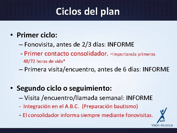 Ciclos del plan • Primer ciclo: – Fonovisita, antes de 2/3 días: INFORME -