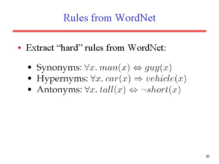 Rules from Word. Net • Extract “hard” rules from Word. Net: 30 