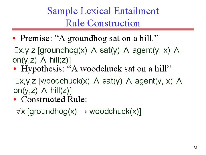 Sample Lexical Entailment Rule Construction • Premise: “A groundhog sat on a hill. ”