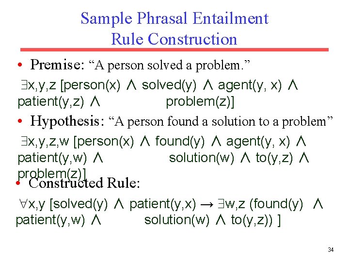 Sample Phrasal Entailment Rule Construction • Premise: “A person solved a problem. ” x,