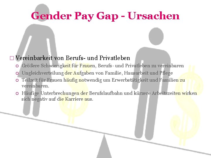 Gender Pay Gap - Ursachen � Vereinbarkeit von Berufs- und Privatleben Größere Schwierigkeit für