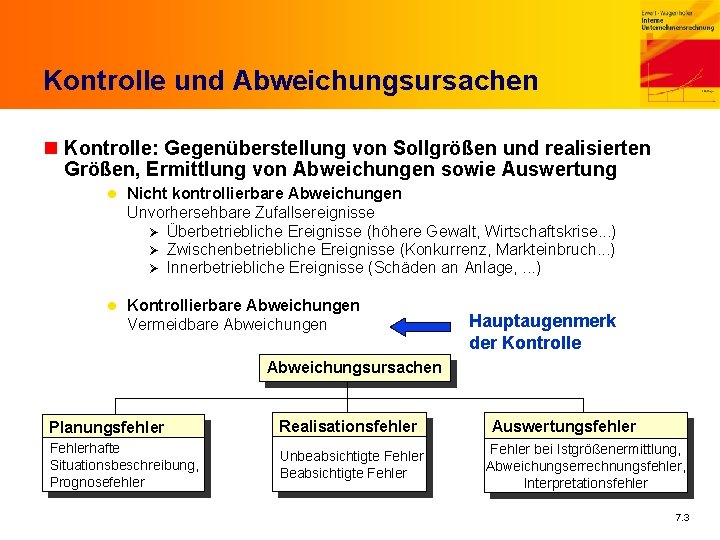 Kontrolle und Abweichungsursachen n Kontrolle: Gegenüberstellung von Sollgrößen und realisierten Größen, Ermittlung von Abweichungen