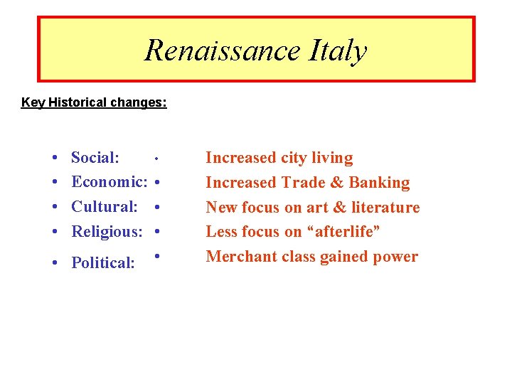 Renaissance Italy Key Historical changes: • • Social: • Economic: • Cultural: • Religious: