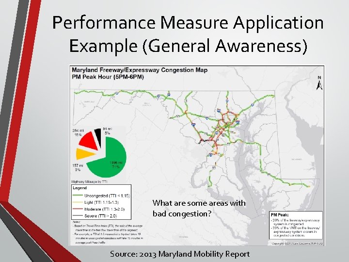 Performance Measure Application Example (General Awareness) What are some areas with bad congestion? Source: Performance Measure Application Example (General Awareness) What are some areas with bad congestion? Source: