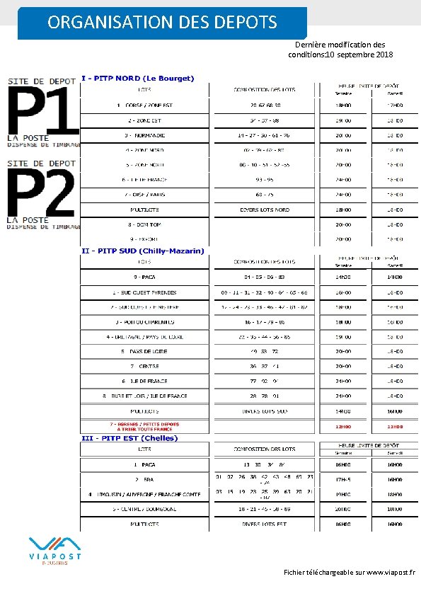 ORGANISATION DES DEPOTS Dernière modification des conditions: 10 septembre 2018 Fichier téléchargeable sur www.