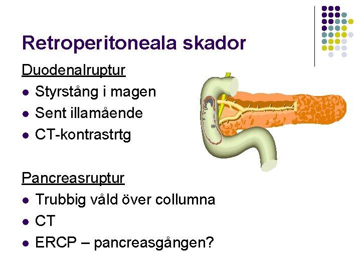 Retroperitoneala skador Duodenalruptur l Styrstång i magen l Sent illamående l CT-kontrastrtg Pancreasruptur l