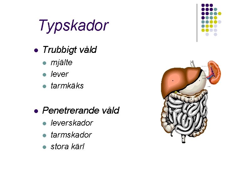 Typskador l Trubbigt våld l l mjälte lever tarmkäks Penetrerande våld l leverskador tarmskador