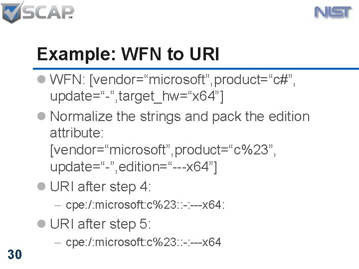 Example: WFN to URI l WFN: [vendor=“microsoft”, product=“c#”, update=“-”, target_hw=“x 64”] l Normalize the