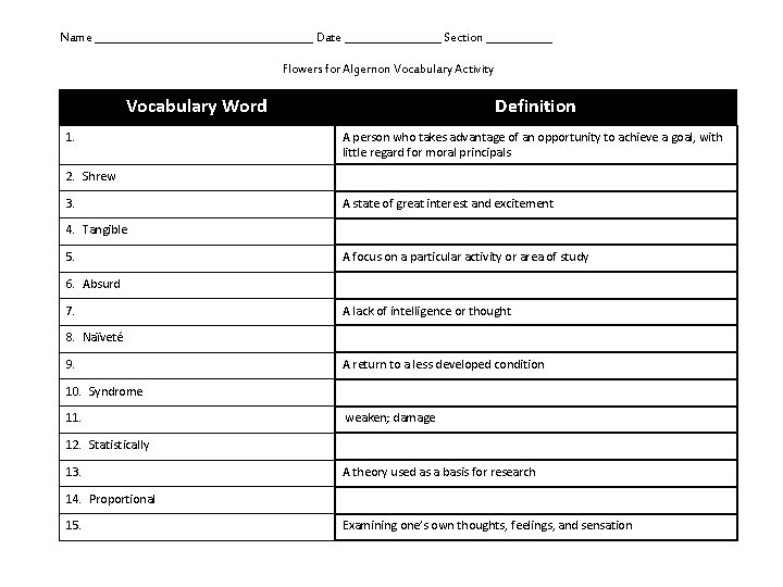 Name ______________________ Date __________ Section _______ Flowers for Algernon Vocabulary Activity Vocabulary Word 1.