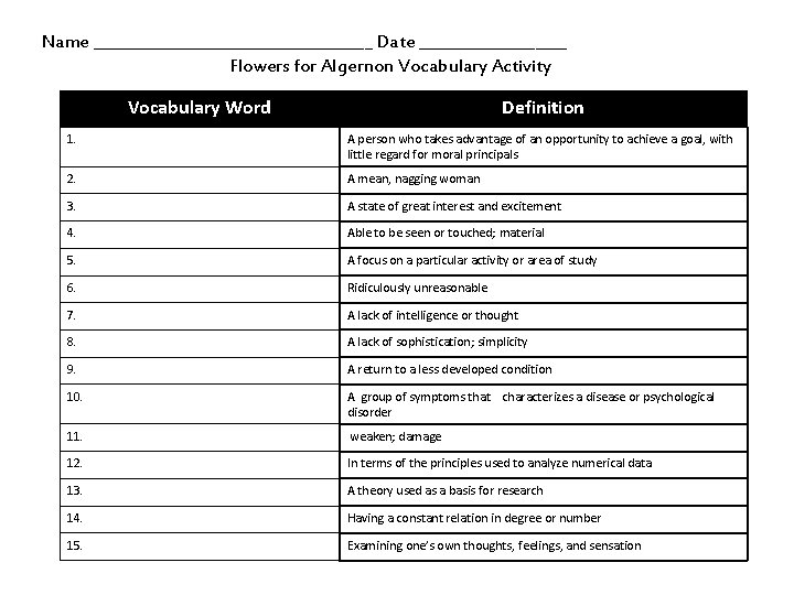 Name __________________ Date __________ Flowers for Algernon Vocabulary Activity Vocabulary Word Definition 1. A