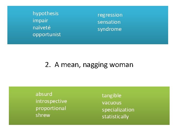 hypothesis impair naïveté opportunist regression sensation syndrome 2. A mean, nagging woman absurd introspective