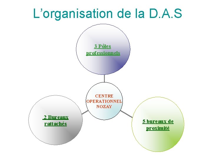 L’organisation de la D. A. S 3 Pôles professionnels CENTRE OPERATIONNEL NOZAY 2 Bureaux