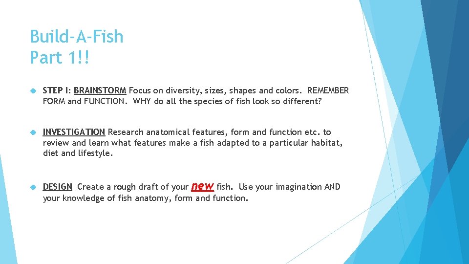 Build-A-Fish Part 1!! STEP I: BRAINSTORM Focus on diversity, sizes, shapes and colors. REMEMBER