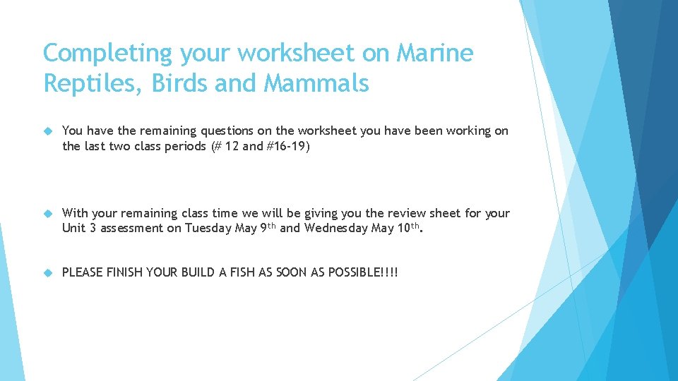 Completing your worksheet on Marine Reptiles, Birds and Mammals You have the remaining questions