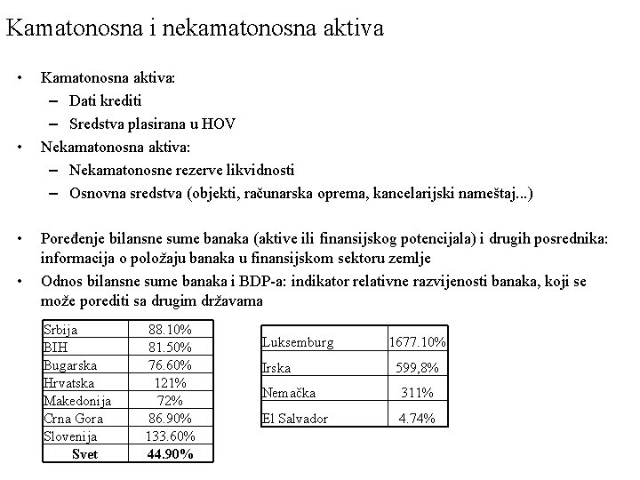 Kamatonosna i nekamatonosna aktiva • • Kamatonosna aktiva: – Dati krediti – Sredstva plasirana