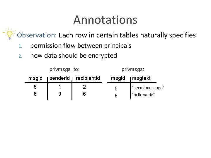 Annotations Ø Observation: Each row in certain tables naturally specifies 1. 2. permission flow