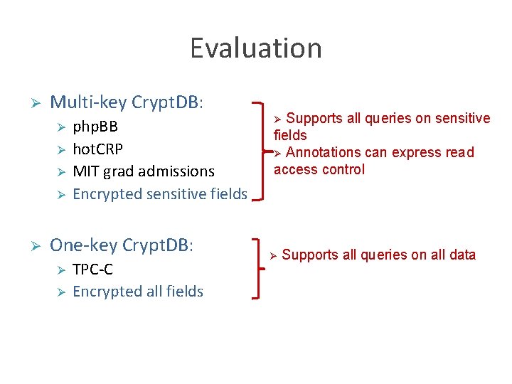 Evaluation Ø Multi-key Crypt. DB: Ø Ø Ø php. BB hot. CRP MIT grad