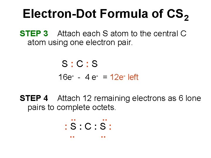 Electron-Dot Formula of CS 2 STEP 3 Attach each S atom to the central